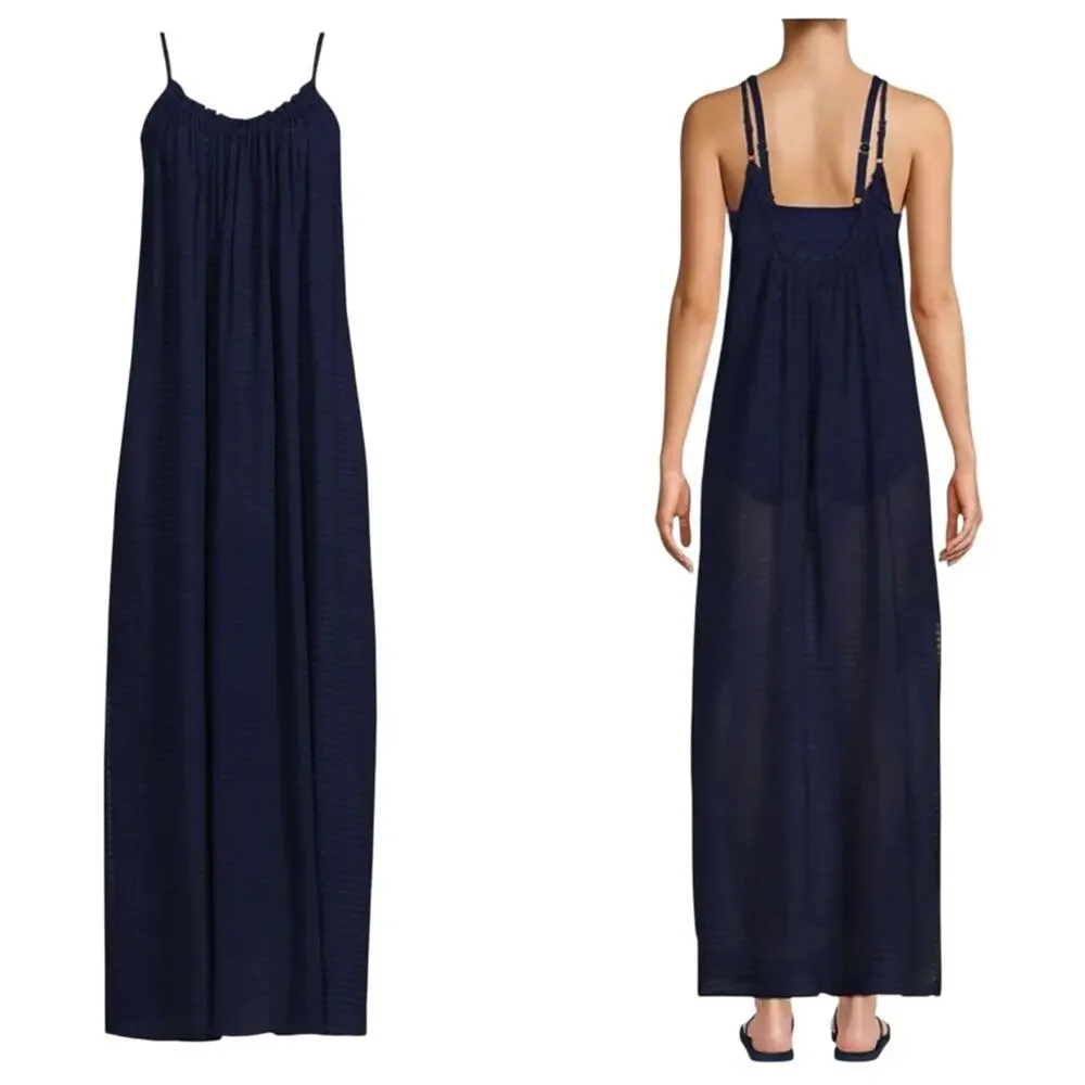 Lands End Sheer Rib Maxi Tank Beach Swim Cover Up Dress in Navy Blue - Size M